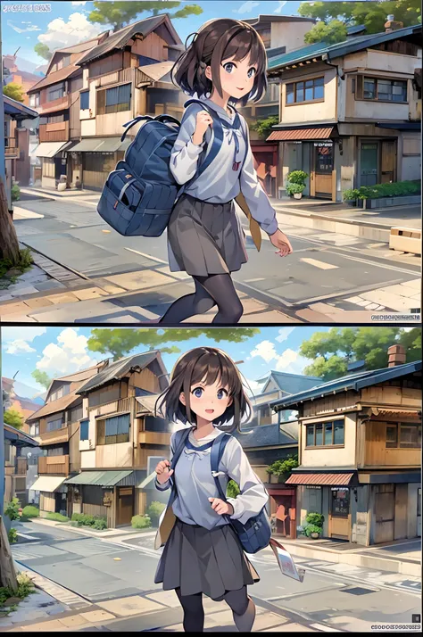 （（（Comic storyboard））），comic strip，Two-dimensional picture，Manhwa Style，Ultra-wide angle of view，China-style，A young girl carrying a school bag runs through the streets of a scenic town，Vivid and bright colors，super-fine，ultra - detailed，high qulity，8K ，oc...