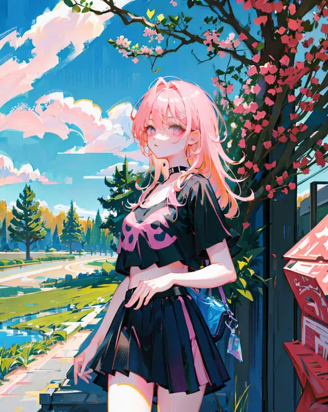 (Realistic painting style:1.0), Masterpiece, Best quality, absurderes, comic strip, illustration,
1 girl, Long hair, Cute girl, young and cute girl, Korean girl, {Breasts}, Hana, 
A girl in a black dress sits on a rock next to a tree, wearing sexy cropped ...