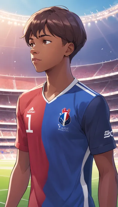 Kyllian Mbappe with the jersey of the France team in realistic mode , Standard Scenario , regarder fixement , (( Image without deformities )) , Better resolution , beste-Qualit , шедевр