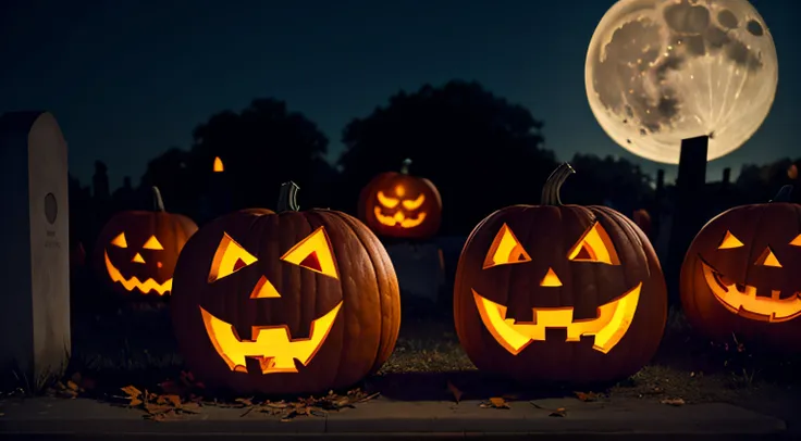 Jack O Lantern In Cemetery In Spooky Night With Full Moon - Halloween