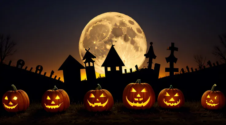 Jack O Lantern In Cemetery In Spooky Night With Full Moon - Halloween