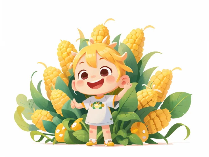 illustration, Masterpiece: 2D corn mascot, simple cute humanoid IP head-to-body ratio 1:1 Image Q cute expression vivid。Front shot, full body, smiling, white clean background, 8K, White background, White background, view the viewer