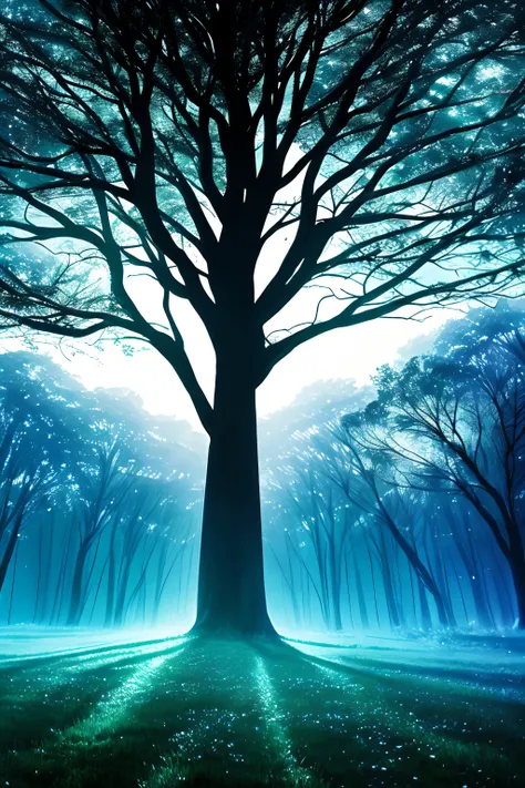 fantasy, a huge tree, dim, blue, glittering silver leaves, moonlight filtering through the leaves,dreamlike landscape, twinkling stars, moonlit sky,silent tranquility,gloomy silhouette,luminescent glow,mystical atmosphere, night flowers