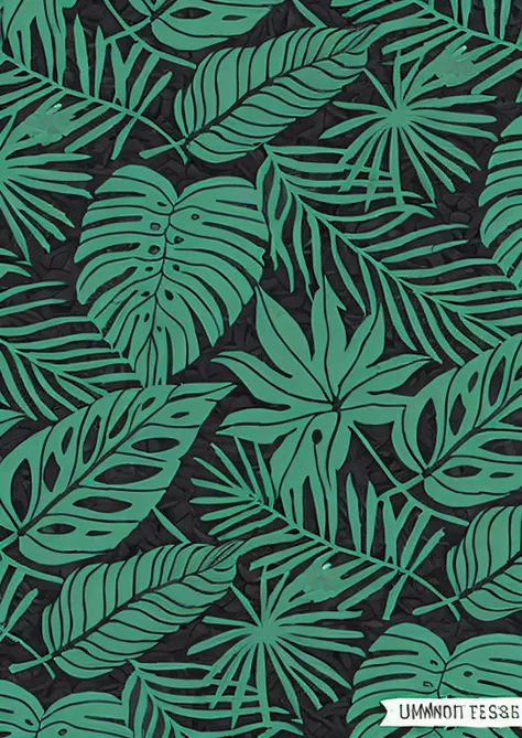 um tecido de estampa de folhas tropicais verde e preta com uma fita, folhas tropicais, folhagem tropical, papel preto e azul-marinho, elegantes estampas tropicais, selva tropical, folhas verde-escuras, palmeiras tropicais, Plantas tropicais, Monstera, humo...