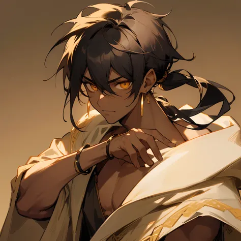 1male , messy black hair , pulled back into a short ponytail with some hair hanging at the sides , dark skin , tan robes , golden bracelet and earrings , desert background , golden eyes , looking into distance , detailed face , excited expression , messy b...