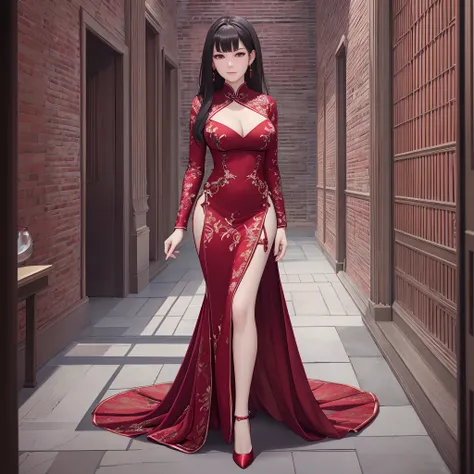 masterpiece, best quality, realistic, high res, beautiful, 8K, hyper realistic, visually stunning, deep red theme, dark crimson, looking at viewer ,full body,high heels, a girl wearing traditional red cheongsam dress, cleavage, intricate details, photorea...