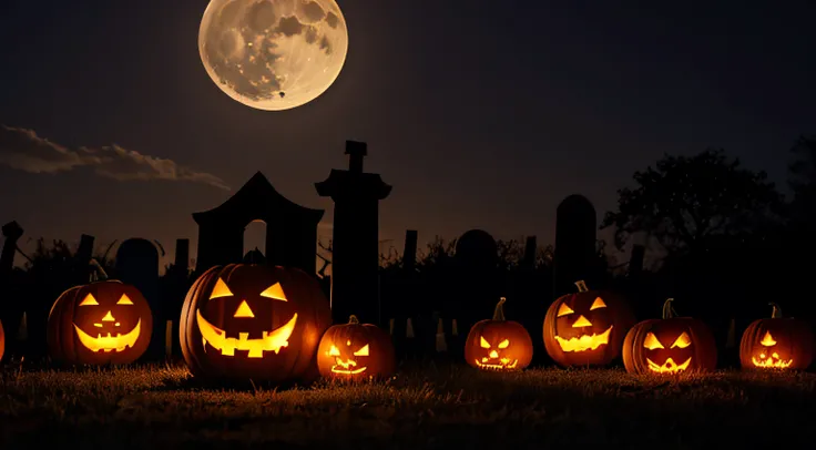 Jack O Lantern In Cemetery In Spooky Night With Full Moon - Halloween