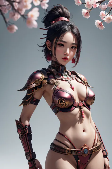 beautiful japanese young woman, wearing cyborg armor, thick symmetrical features, very short hair, background is cherry blossoms, pink aura, red lips, octane render,