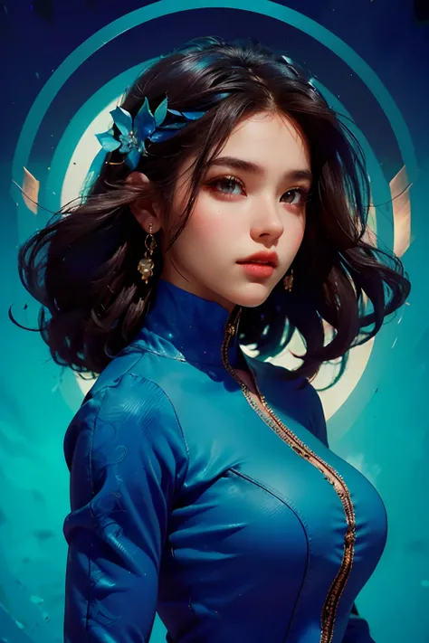 (best quality, highres, ultra-detailed) A girl with a young face, (beautiful detailed eyes, brown eyes, long eyelashes),(beautiful detailed lips) and a (curvy, well-endowed, voluptuous) body. She is wearing a light blue dress. The scene is depicted in a (r...