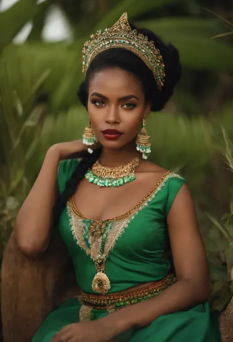 A seductive 25-year-old half-Mayor and Malagasy woman with crystal green eyes in traditional dress