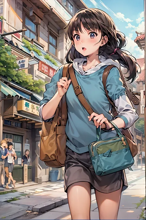 （（（Comic storyboard））），comic strip，Two-dimensional picture，Manhwa Style，Ultra-wide angle of view，China-style，A young girl carrying a school bag runs through the streets of a scenic town，Vivid and bright colors，super-fine，ultra - detailed，high qulity，8K ，oc...