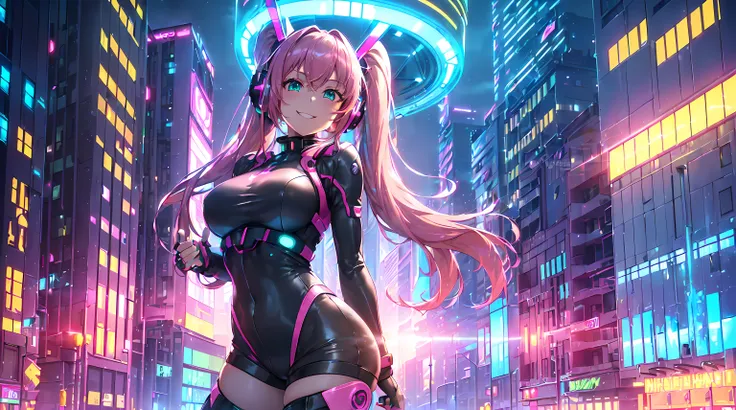 ​masterpiece, 1girl ((20year old, futuristic bodysuit, knee-high boots, medium breasts, multi-color pink hair, twin ponytails, green eyes, flirting, happy, big smile, headphones, standing in the street of a SCI-FI futuristic and modern street, towering sky...