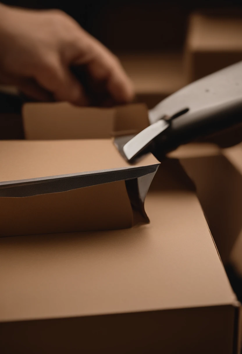 Cutting the top of box tape on a closed recycling box with small knife. The box is intact. Box color is beige.  The image should have a 4k resolution and be of the highest quality, capturing every precise detail.