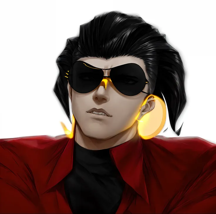 black slicked back hair, golden shades with black lens, neutral face, red shirt, black t-shirt, hd, highres