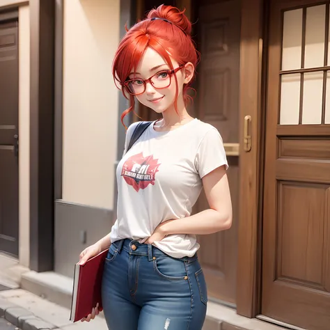 chibi style, jeans, red hair tied in a bun, cute, smile, Girl holding a book while wearing glasses, master part, 3dm style, Look at the Viewer,