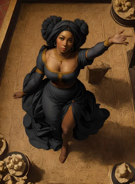 (Renaissance painting of a beautiful african black woman:1.3), best quality, masterpiece, expressive, thrilling, 256k, posing, reaching up, (from above), epic, crepuscular lights, (by Michelangelo, by Rafael, by Rubens:1.2), dynamic lighting, best quality,...