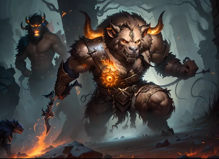 uma pintura de um homem com chifres com uma espada em uma cidade, minotaur from path of exile, Bugbear furioso, Minotauro em armadura antiga, Minotauro, um lobo Minotauroo, Minotauro Guerreiro, Gnoll, magic the gathering concept art, demon-fang gnoll, grog...