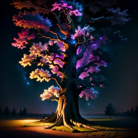 Tree overflowing with magic in night realistic 4k hd quality colorful