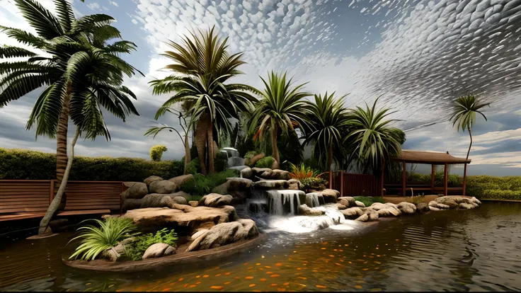 there is a pond with a waterfall and a bench in it, photorealistic landscape, tropical setting, pond landscape, lush oasis, koi pond, realistic landscape, reflective water koi pond, 3 d landscape, 3d landscape, waterscape, desert oasis, royal garden landsc...