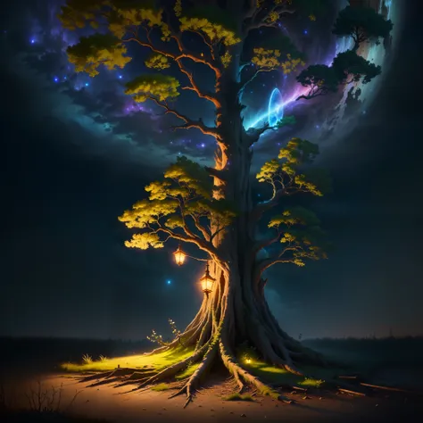 Tree overflowing with magic in night realistic 4k hd quality