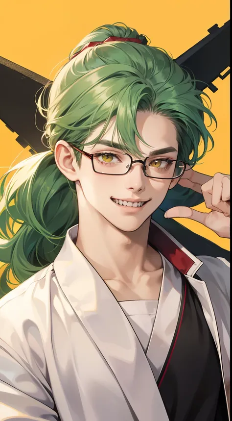 Grown-up guy, Scientist, Sexual, (green hair color), hair up to the shoulders, Wavy Hair, Smile, cheeky, (Yellow eyes) wicked smile, sharp teeth, White robe on the shoulders, Hands are not inserted into the sleeves, 28 years old, Red glasses with rectangul...