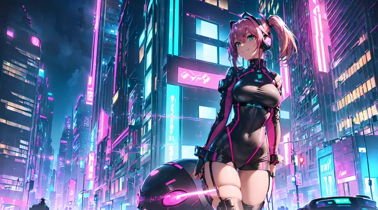 ​masterpiece, 1girl ((20year old, futuristic bodysuit, knee-high boots, medium breasts, multi-color pink hair, twin ponytails, green eyes, flirting, happy, big smile, looking into camera, headphones, standing in the street of a SCI-FI futuristic and modern...