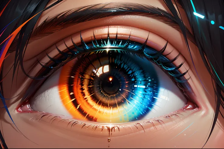 {{masterpiece}}, best quality, extremely detailed CG unity 8k wallpaper, cinematic lighting, lens flare, beautiful detail eyes, black,  side glance,  multicolor hair, colorful light, particles, heterochromia, (colorful:1.5),