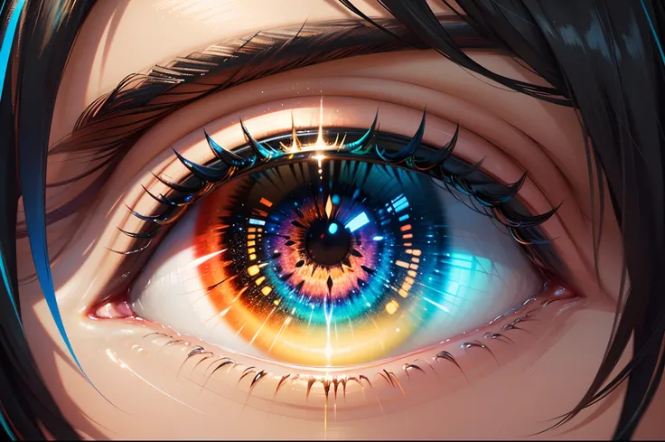 {{masterpiece}}, best quality, extremely detailed CG unity 8k wallpaper, cinematic lighting, lens flare, beautiful detail eyes, black,  side glance,  multicolor hair, colorful light, particles, heterochromia, (colorful:1.5),