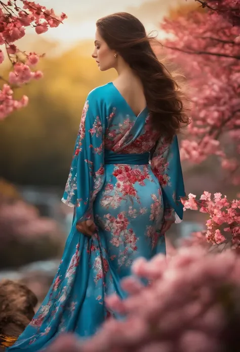 1fille,cheveux noirs, cheveux flottants, rib,paysage,paysage,Cerisiers, falling petals, rayon de soleil,Rayons divins,Haut du corps,  COULEUR,robe,kimono