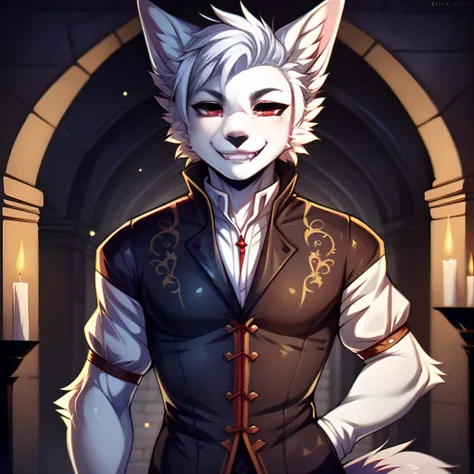 Astarion, white fox male, white hair, hair swept back, cute snout, vampire fangs, red eyes, fox ears, white furry body,elegant noble clothing, in a crypt, by fumiko, by hyattlen, by claweddrip, grinning, full body shot