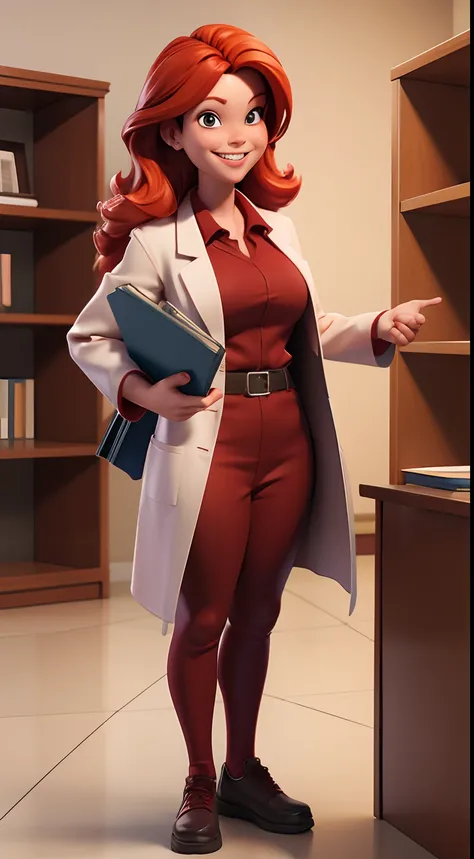 teacher with red hair, in a lab coat, smiling, full body, holding a book, at school, best quality, realism, 3d