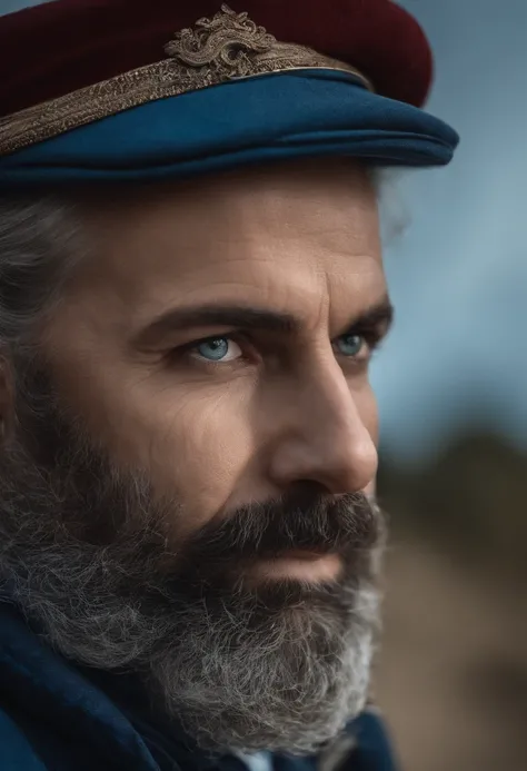 homme de 50 ans au cheveux gris et court avec les yeux bleu avec une barbe rase