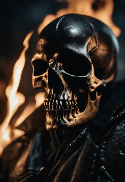 (RAW Photo, Best Quality), (Realistic, Photorealistic Photo: 1.3), Best Quality, Highly Detailed, Masterpiece, Ultra Detailed, Illustration, ghost rider, burning skull, black ripped jacket, ripped black jeans, black shoes, epic background, standing like gh...