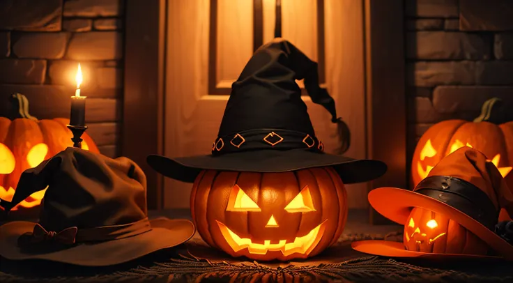 The mystical room of the witch. A decorative photo for Halloween with a hat, pumpkins and a broom. Banner in black and orange colors close-up.