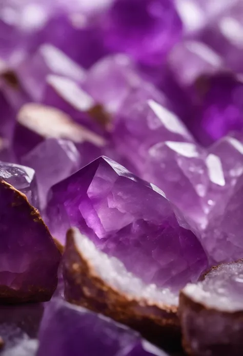 "Capture the essence of Amethyst in a high-quality, close-up photograph against a pristine white background, achieving a 4K realistic look. Highlight its calming and protective qualities in your composition."