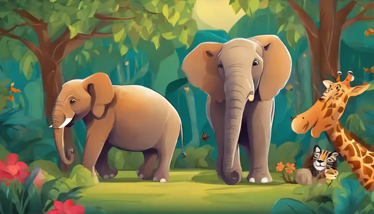 Zoo animals,cartoon style for kids,Focus on elephant