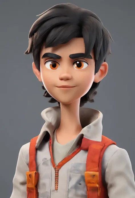 a hunter boy with black hair and orange eyes, wearing clothes with the color palette of red, black, white and beige.