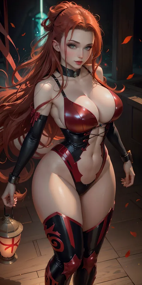 masterpice, woman dressed as red lantern from dc, big breasts, big butt, sexy body, red  hair color, red ring glowing in her rig...