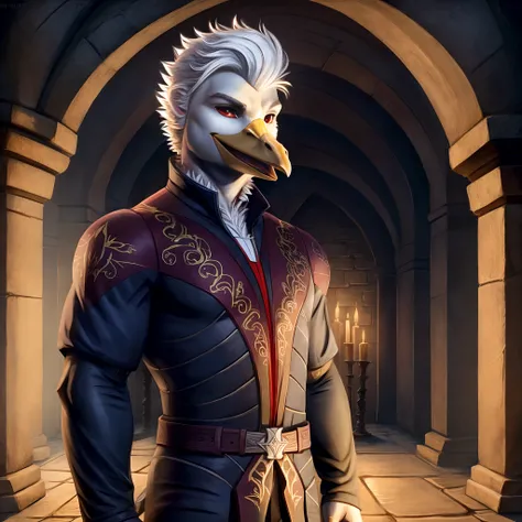 Astarion, white goose male, bird:1.3, goose bill, yellow beak, white hair, hair swept back, red eyes, in a crypt, grinning