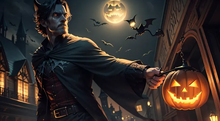 Halloween Background, Scary background, flying bat, Men lamp in hand