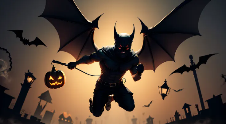 Halloween Background, Scary background, flying bat, Men lamp in hand