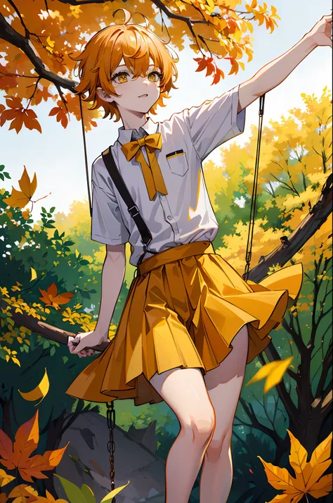 16k，HD，Libido boy，Orange-yellow hair，（Deciduous hair ornaments on the head 1:1.75），Yellow and white student clothing，Background swing with fallen leaves（1:2.5）