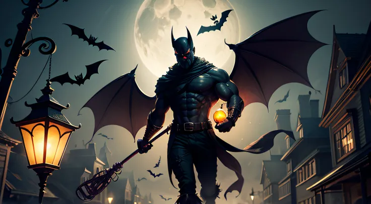 Halloween Background, Scary background, flying bat, Men lamp in hand