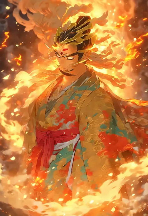 (((Japanese God))) best quality, ultra-high resolution, 4K detailed CG, master piece,KAGUTSUCHI, Man, Japanese clothes, wind, flames, smoke,Japanese mythology, Japan, ((next to camera)), Shui Mo Hua, Chinese painting style, Thangka style, aesthetics, Beaut...