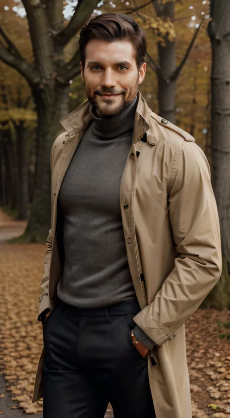 33 years old male model, handsome, beige raincoat, black turtleneck sweater, short brown hair, short beard, black jean pants, black boots, seductive smile, autumn landscape, sunny day, high detail face, high detail clothes, ultrarealistic, high detail fitn...