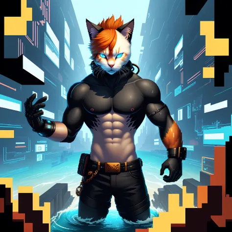 Digital Paradise, game, Pixel Art, glitch, glitch, error, A ginger cat with blue eyes and black scars who is a god