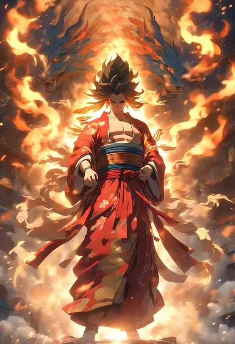 (((Japanese God))) best quality, ultra-high resolution, 4K detailed CG, master piece,KAGUTSUCHI, Man, Japanese clothing, wind, Flames, smoke,Japanese mythology, Japan, ((full body camera)) , Shui Mo Hua, Chinese painting style, Thangka style, aesthetics, B...