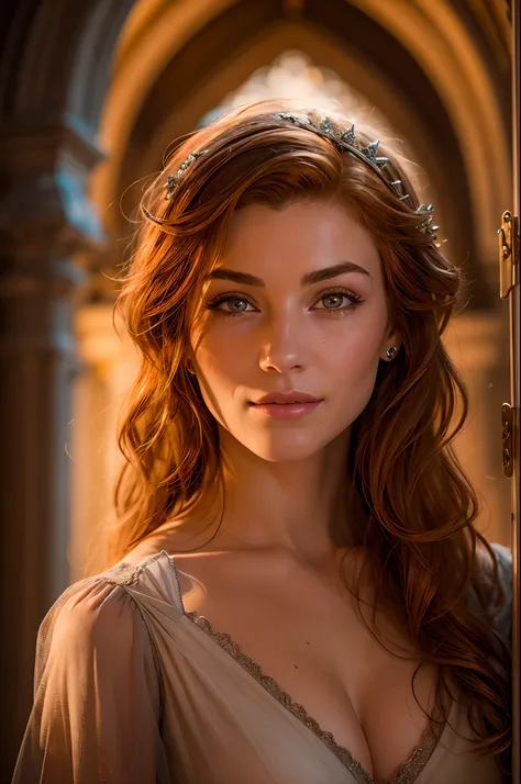 Close up portrait of a beautiful young medieval redhead princess, ginger hair, delicate features, standing tall inside a castle corridor, lit by warm torchlight, wearing a tight royal dress, confident seductive smile, sharp jawline, alluring, seductive eye...