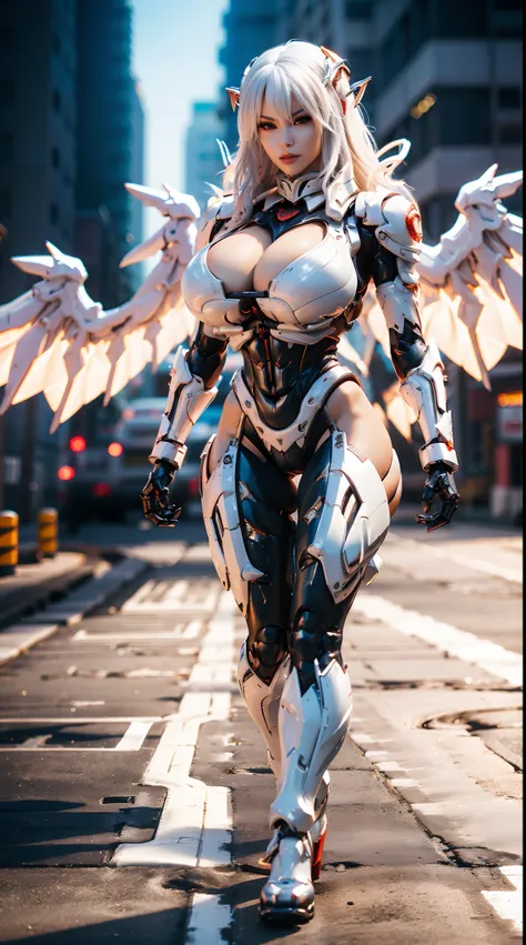 (DRAGON QUEEN), HUGE FAKE BOOBS, (BEAUTIFUL FACE), (WHITE, BLACK, RED), (STREET CITY BACKGROUND), (((2 PAIR OF HUGE MECHANICAL WINGS SPREAD OUT))), FUTURISTIC FALCON MECHA BODYSUIT, (CLEAVAGE), (SKINTIGHT YOGA PANTS), (HIGH HEELS), (PERFECT BODY:1.2), (FUL...