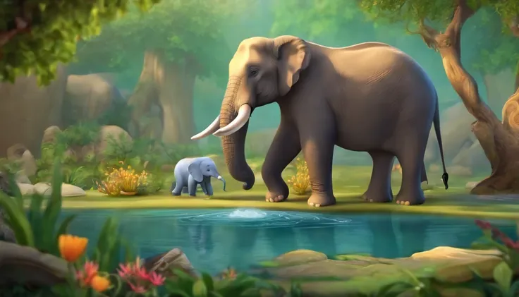 Zoo animals,cartoon style for kids,centre an wise elephant,pond or river, old tree